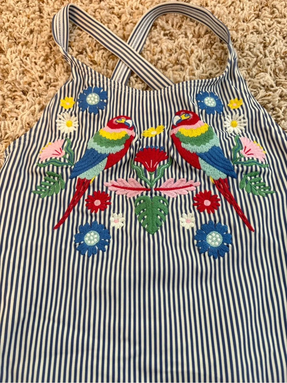 Boden Striped One-Piece Swimsuit with Embroidered Parrots